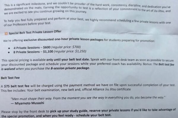 McDojo Letter Shared To Instagram Congratulating Student On Being Selected For Purple Belt Test